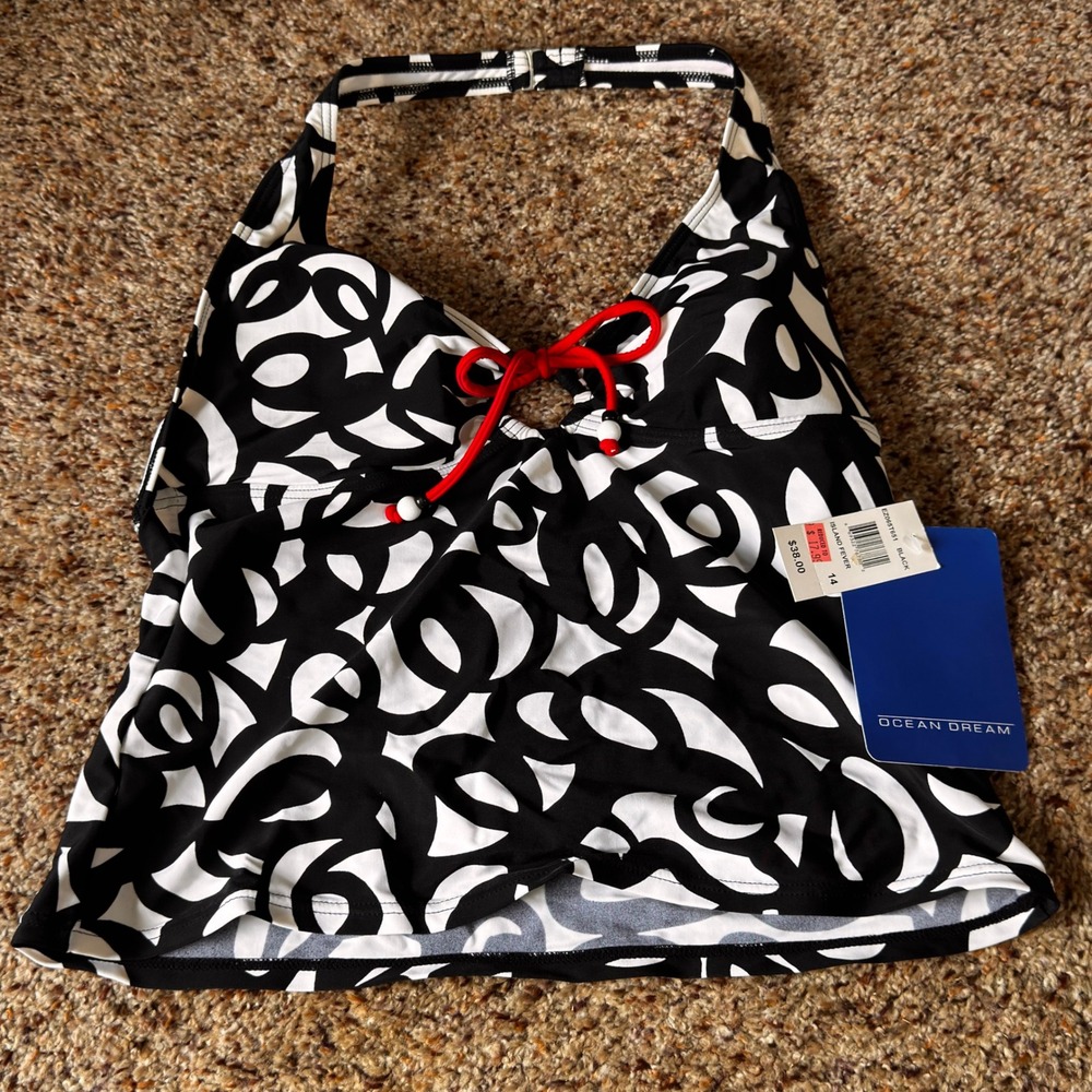 Ocean‎ Dream Island Fever Tankini Top Black White Abstract Halter Red Tie 14 NEW
